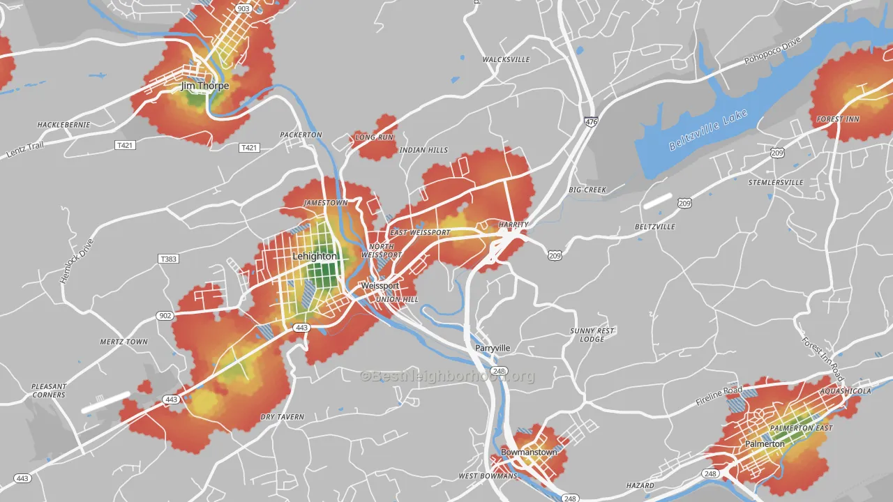Walk Grade map of Parryville, PA, walkable areas in green and car-dependent areas in red