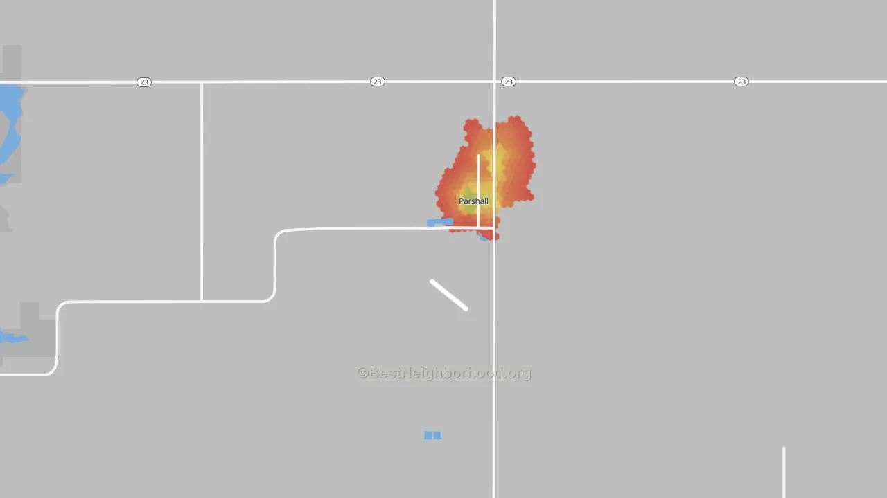 Walk Grade map of Parshall, ND, walkable areas in green and car-dependent areas in red