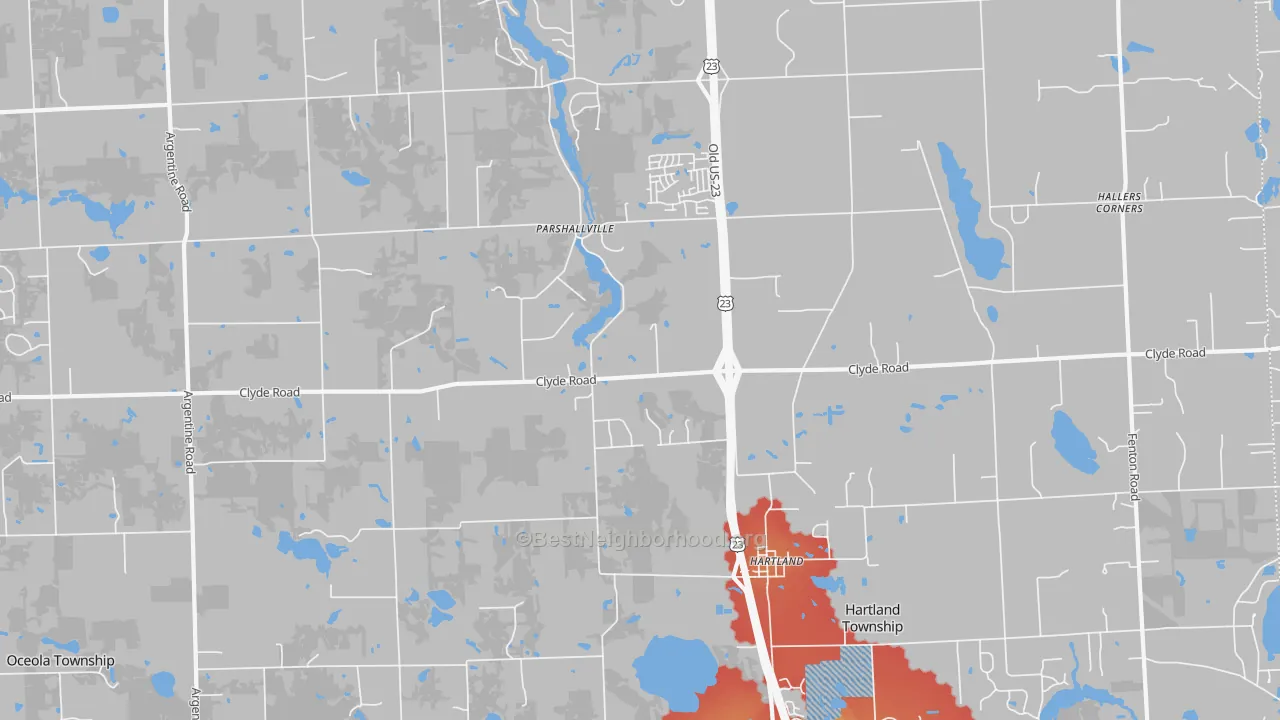 Walk Grade map of Parshallville, MI, walkable areas in green and car-dependent areas in red