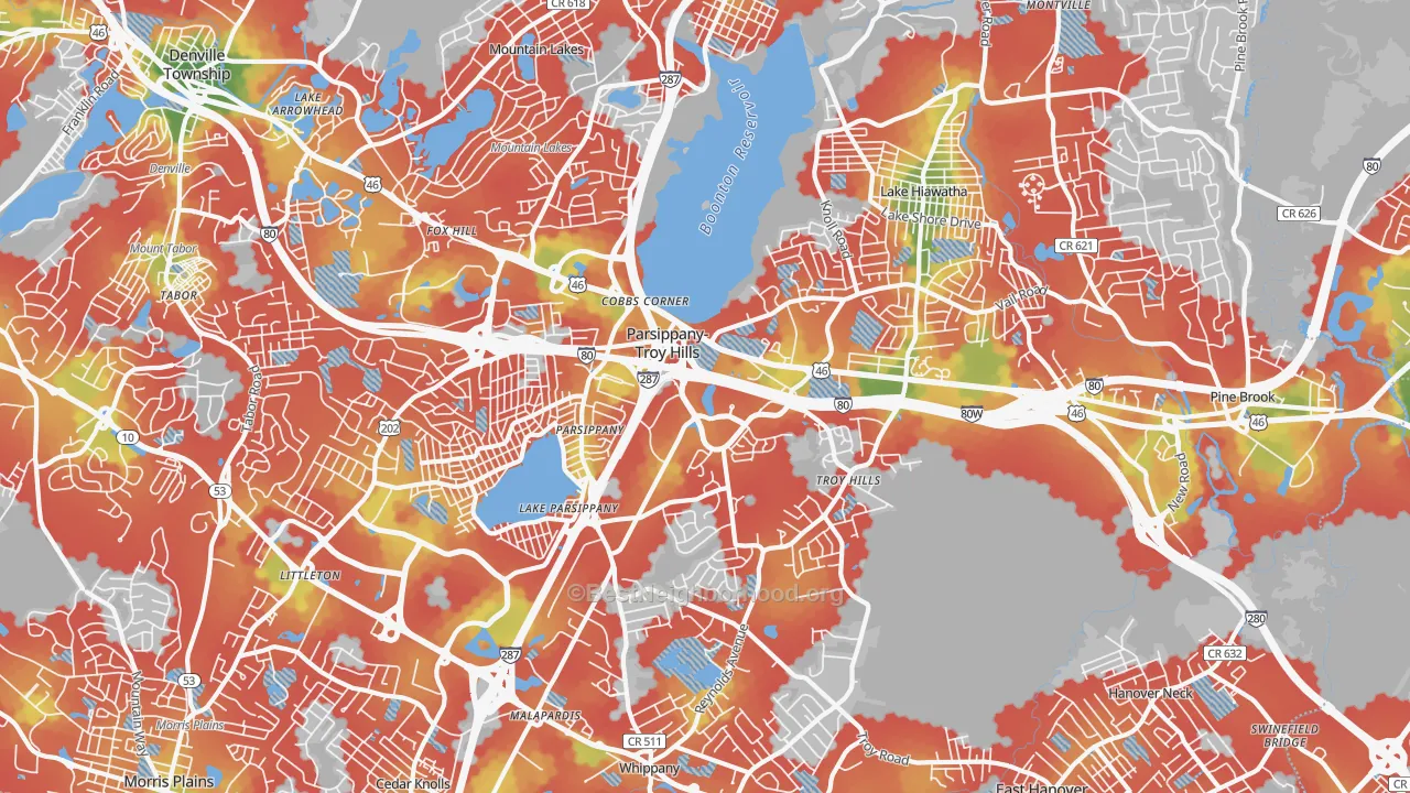 Walk Grade map of Parsippany, NJ, walkable areas in green and car-dependent areas in red