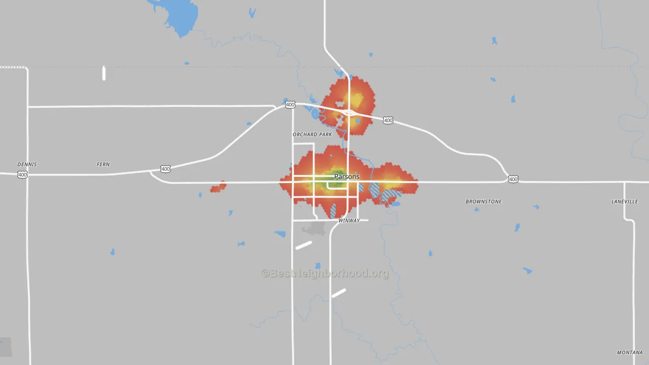 Walk Grade map of Parsons, KS, walkable areas in green and car-dependent areas in red