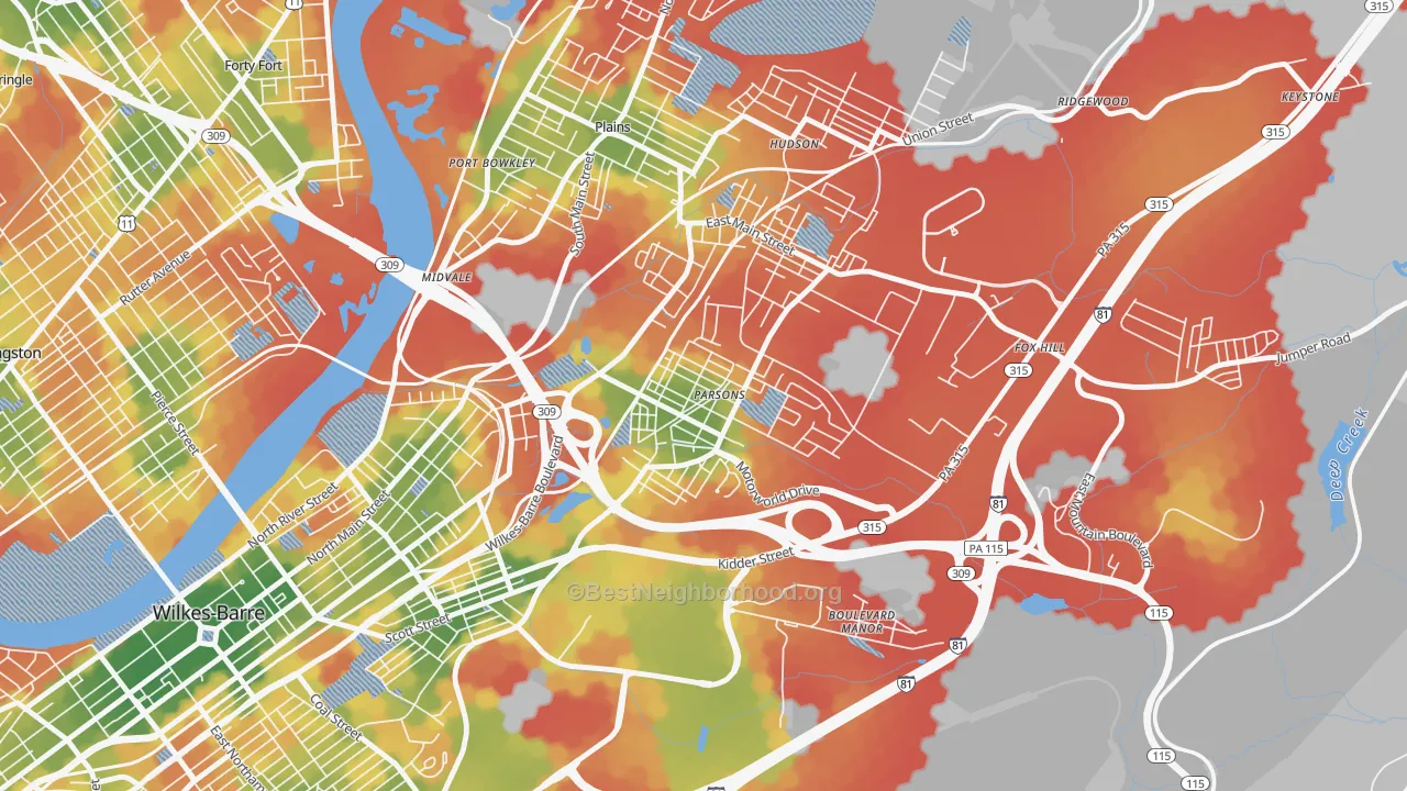 Walk Grade map of Parsons, Wilkes-Barre, PA, walkable areas in green and car-dependent areas in red