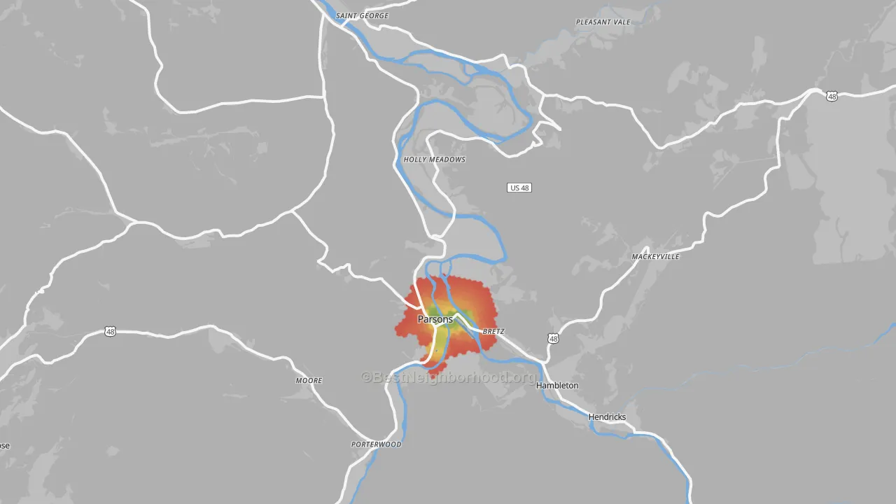 Walk Grade map of Parsons, WV, walkable areas in green and car-dependent areas in red