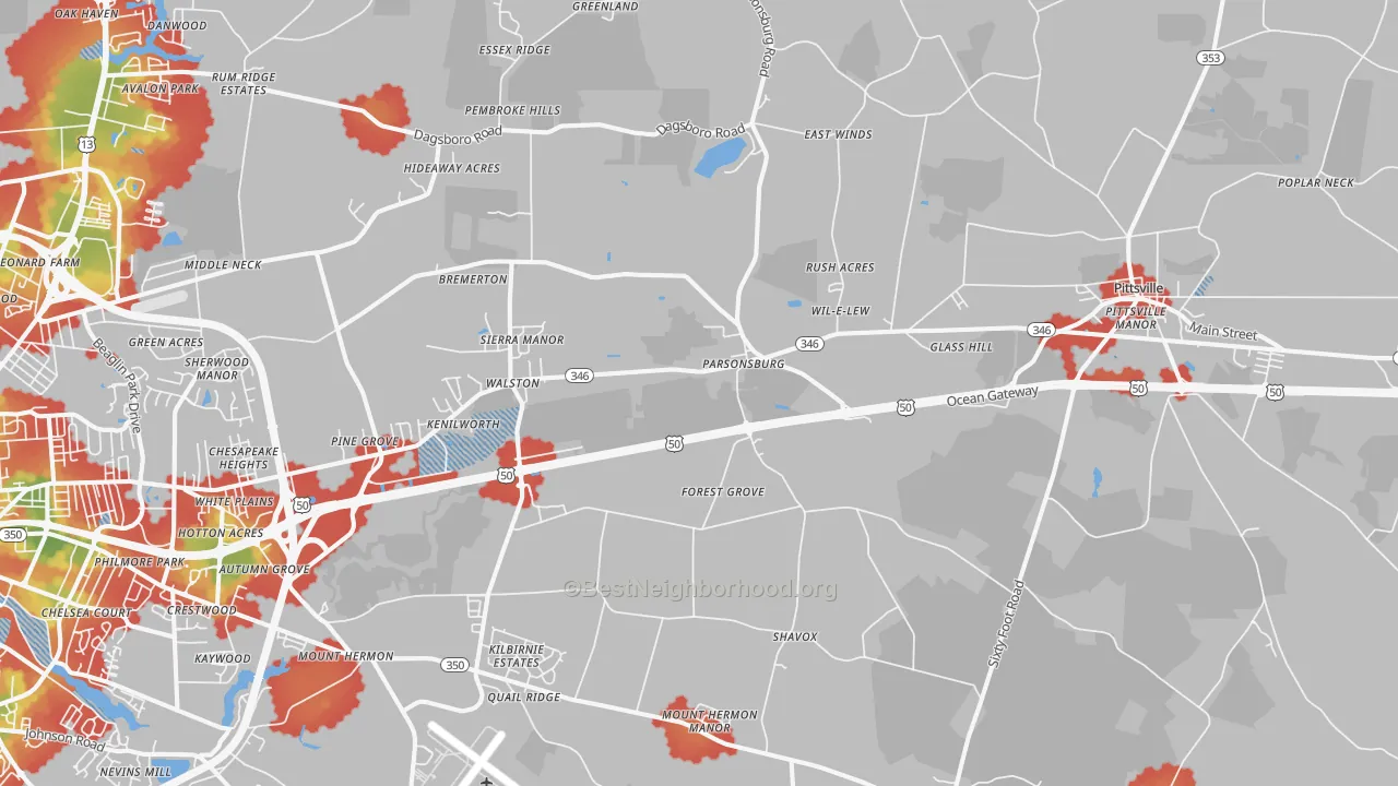 Walk Grade map of Parsonsburg, MD, walkable areas in green and car-dependent areas in red