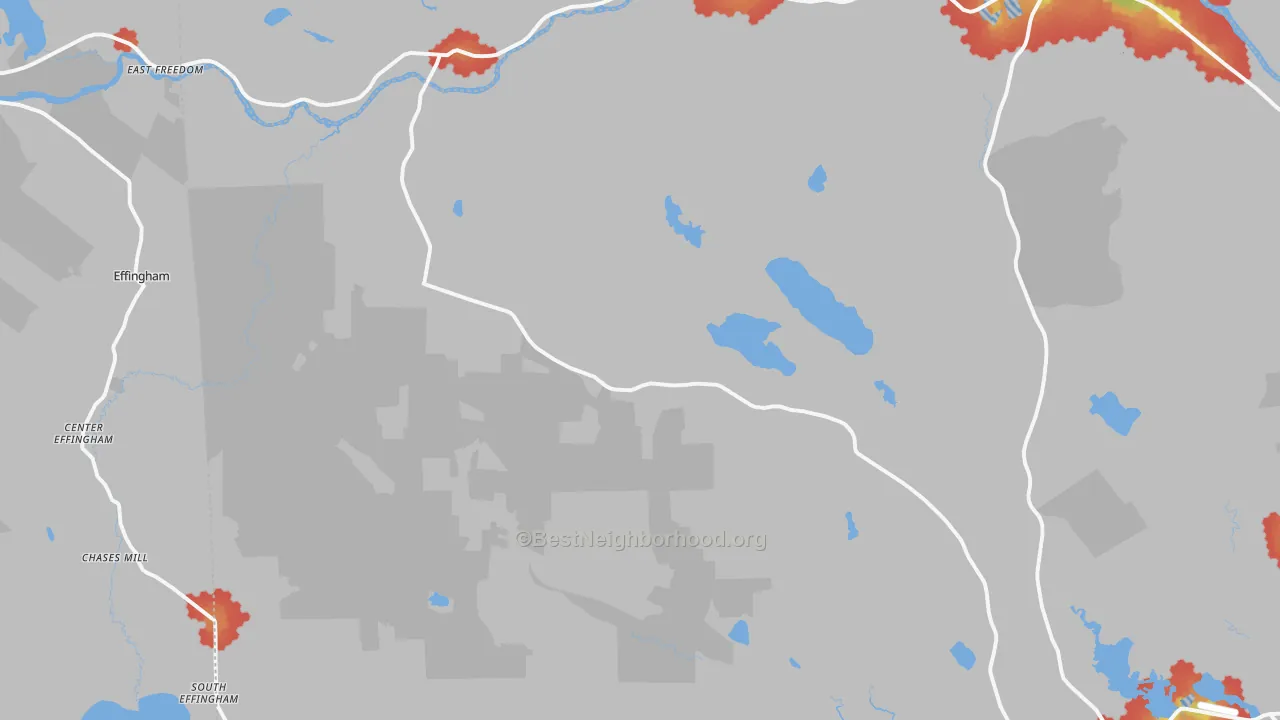 Walk Grade map of Parsonsfield, ME, walkable areas in green and car-dependent areas in red