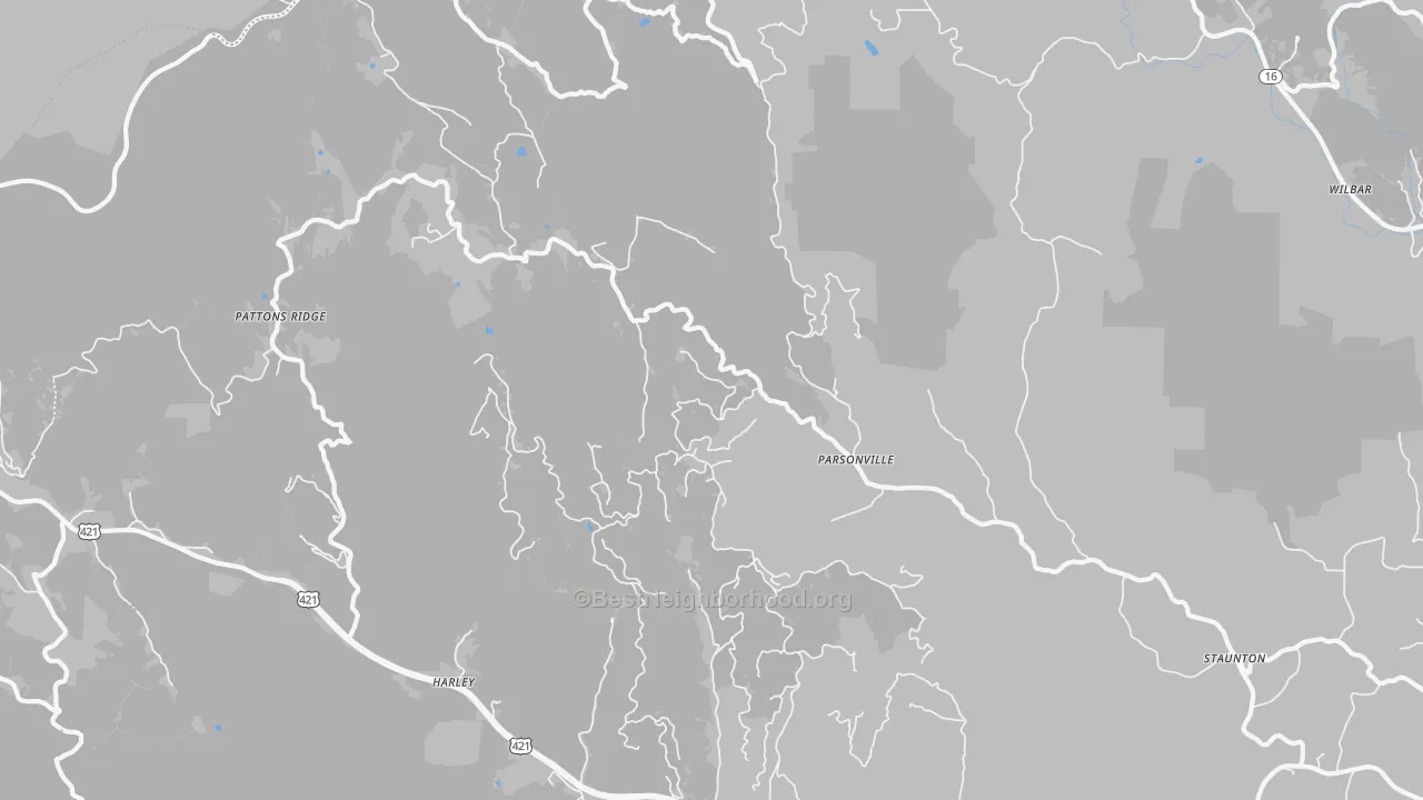 Walk Grade map of Parsonville, NC, walkable areas in green and car-dependent areas in red