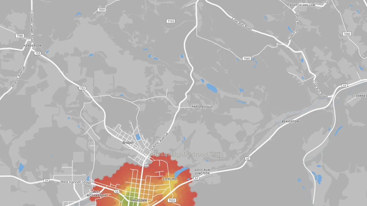 Walk Grade map of Parsonville, PA, walkable areas in green and car-dependent areas in red