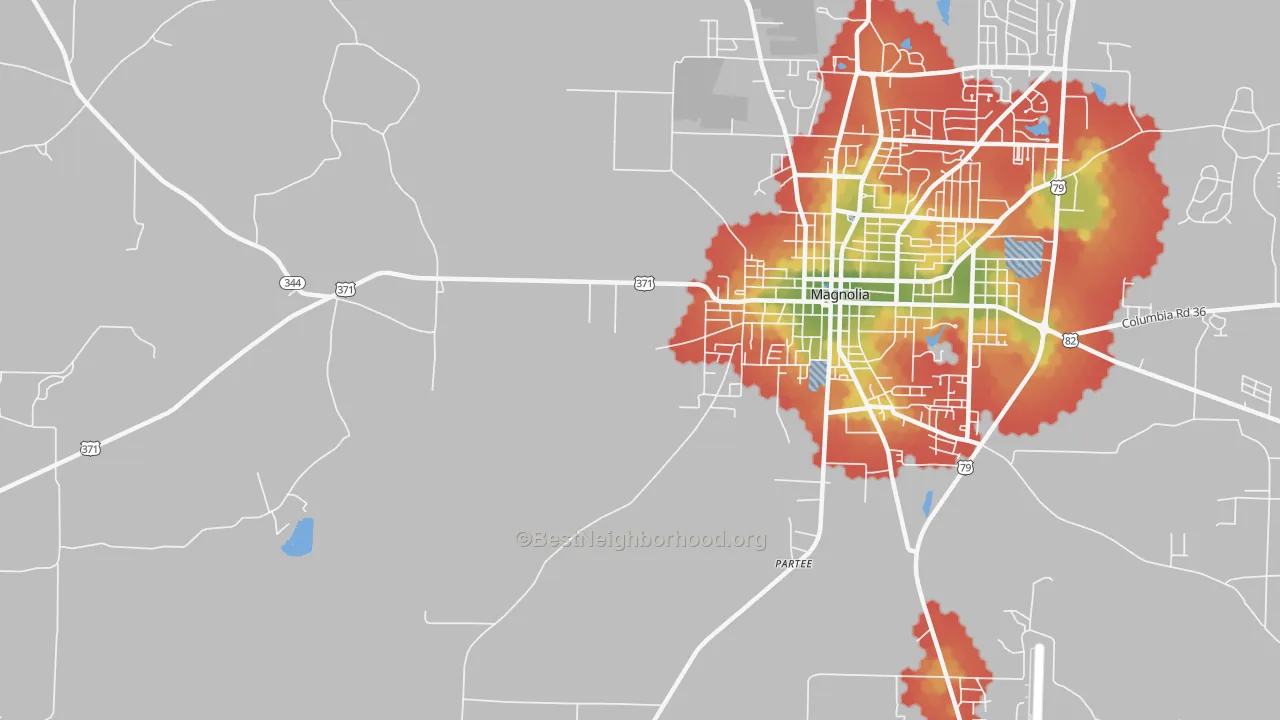 Walk Grade map of Partee, AR, walkable areas in green and car-dependent areas in red