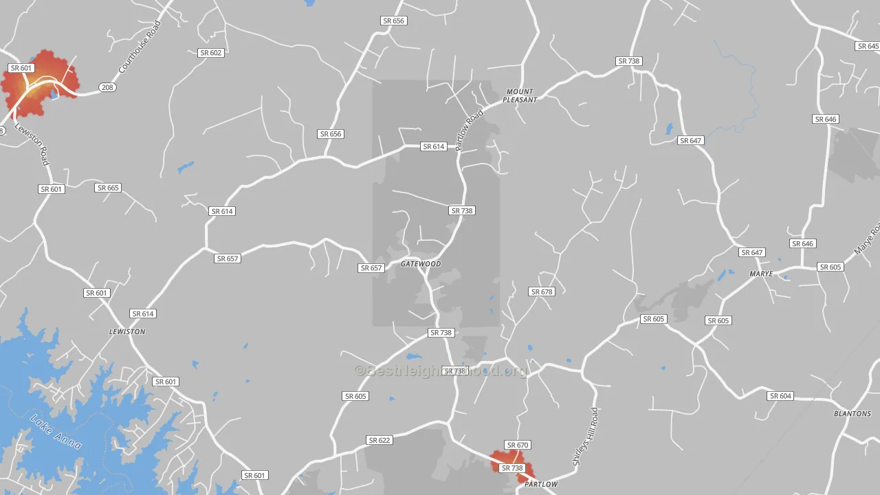 Walk Grade map of Partlow, VA, walkable areas in green and car-dependent areas in red