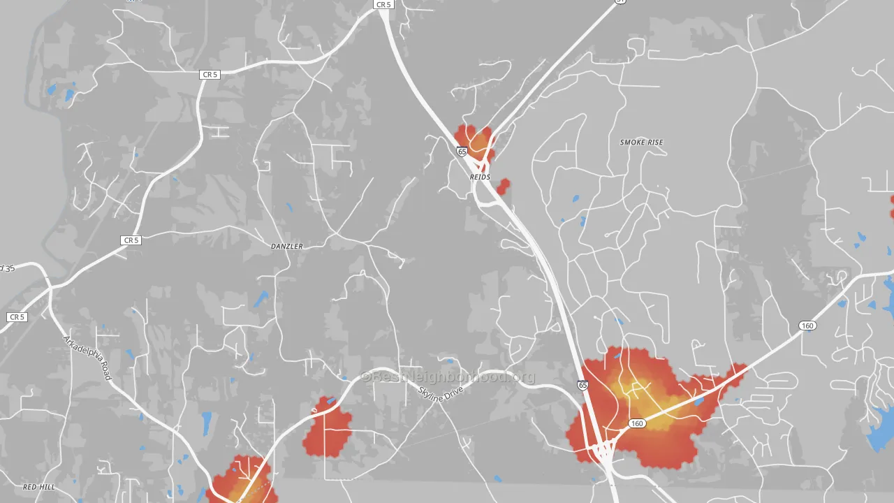 Walk Grade map of Partridge Crossroads, AL, walkable areas in green and car-dependent areas in red