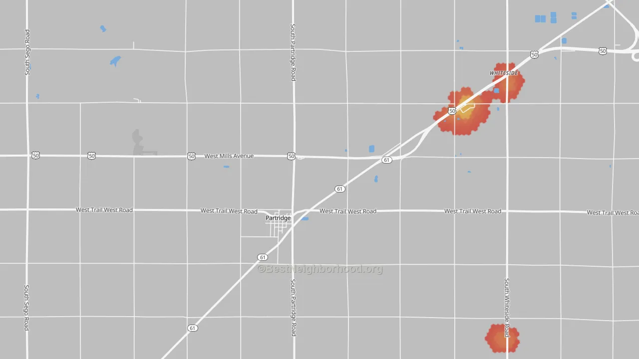 Walk Grade map of Partridge, KS, walkable areas in green and car-dependent areas in red
