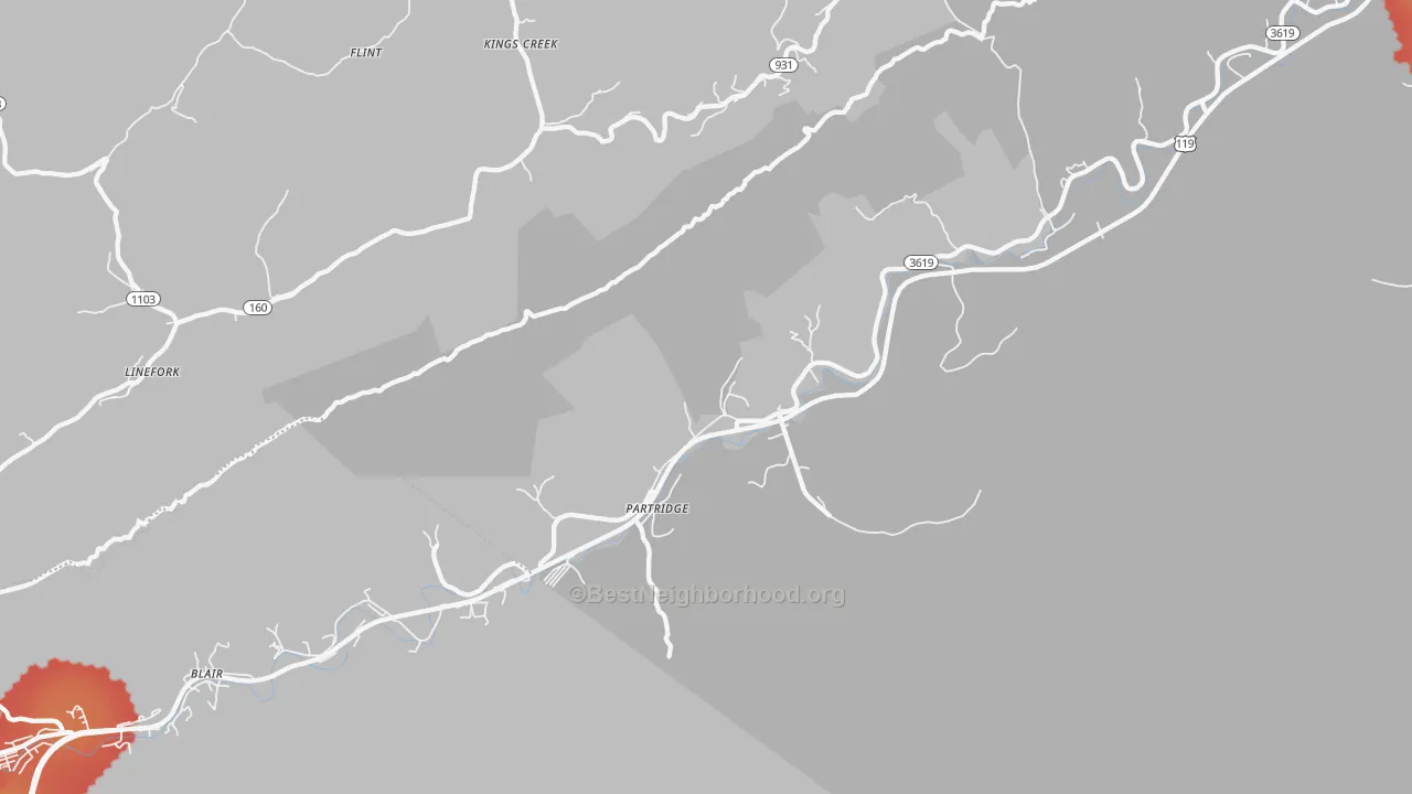 Walk Grade map of Partridge, KY, walkable areas in green and car-dependent areas in red