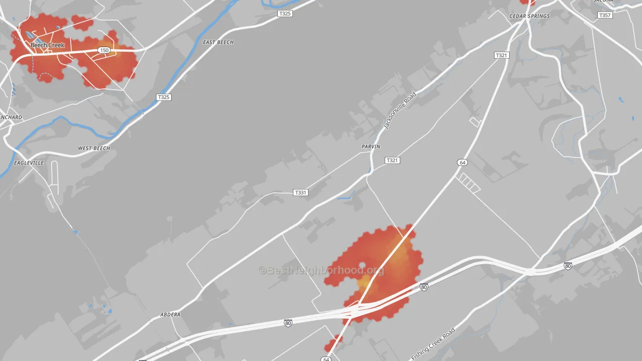Walk Grade map of Parvin, PA, walkable areas in green and car-dependent areas in red
