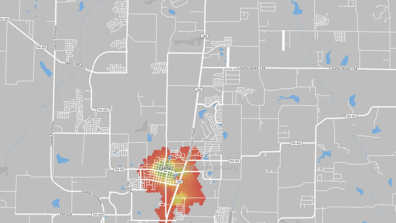 Walk Grade map of Parvin, TX, walkable areas in green and car-dependent areas in red