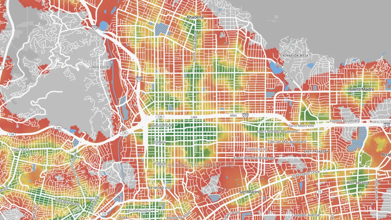 Walk Grade map of Pasadena, CA, walkable areas in green and car-dependent areas in red
