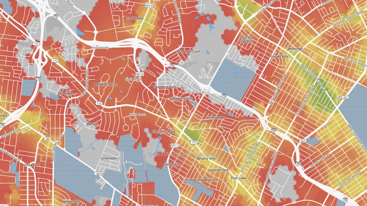 Walk Grade map of Pasadena Hills, MO, walkable areas in green and car-dependent areas in red