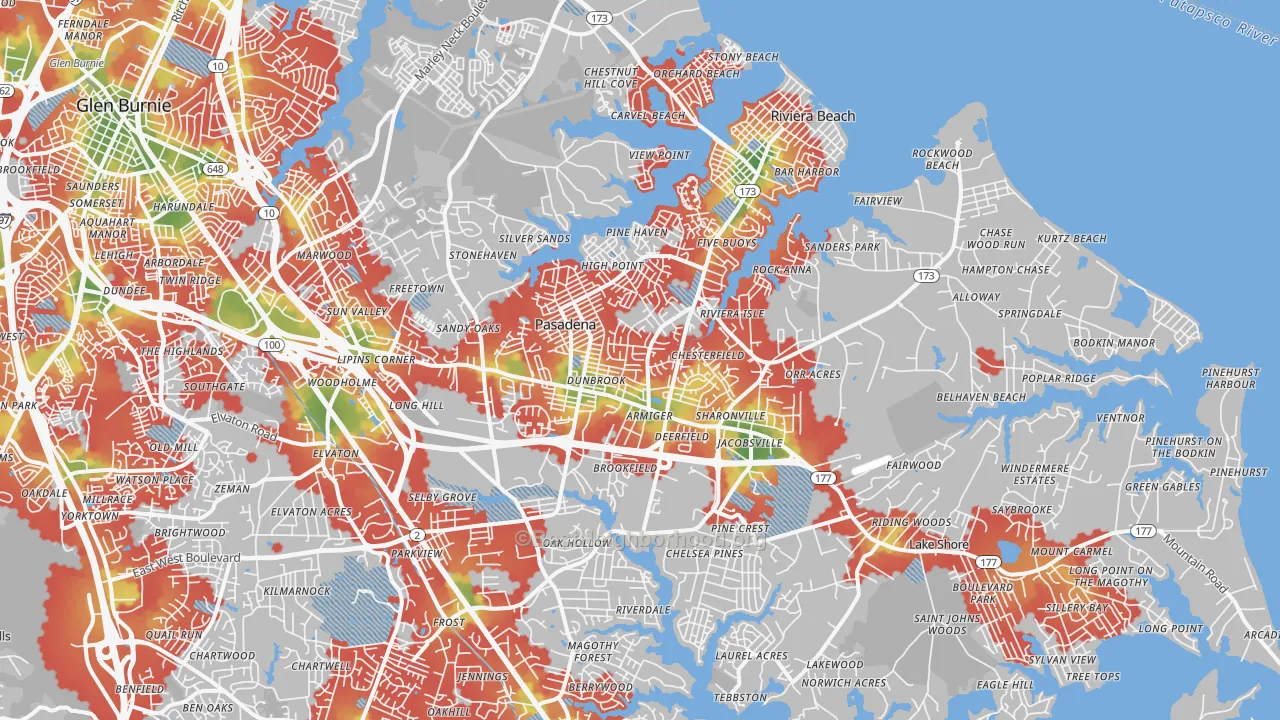 Walk Grade map of Pasadena, MD, walkable areas in green and car-dependent areas in red