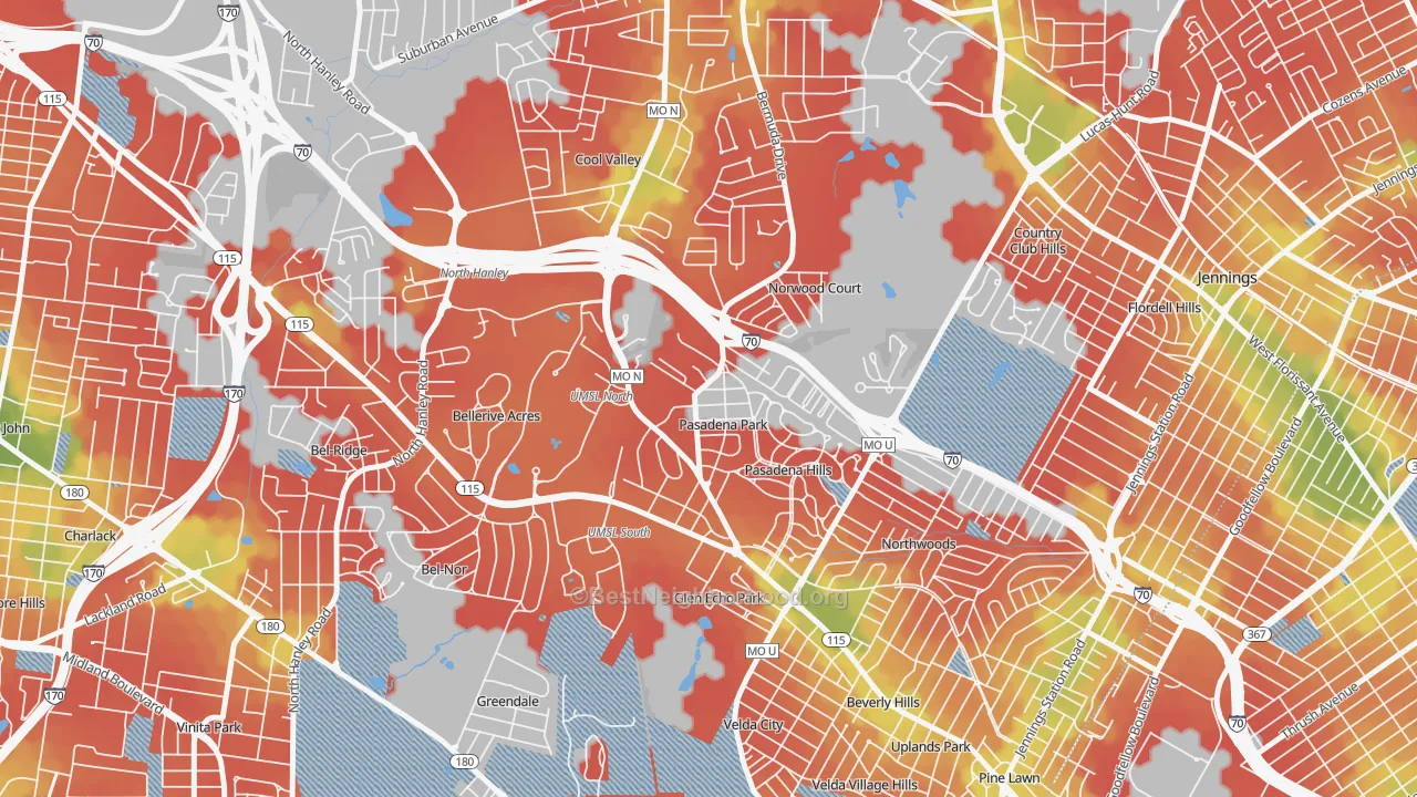 Walk Grade map of Pasadena Park, MO, walkable areas in green and car-dependent areas in red