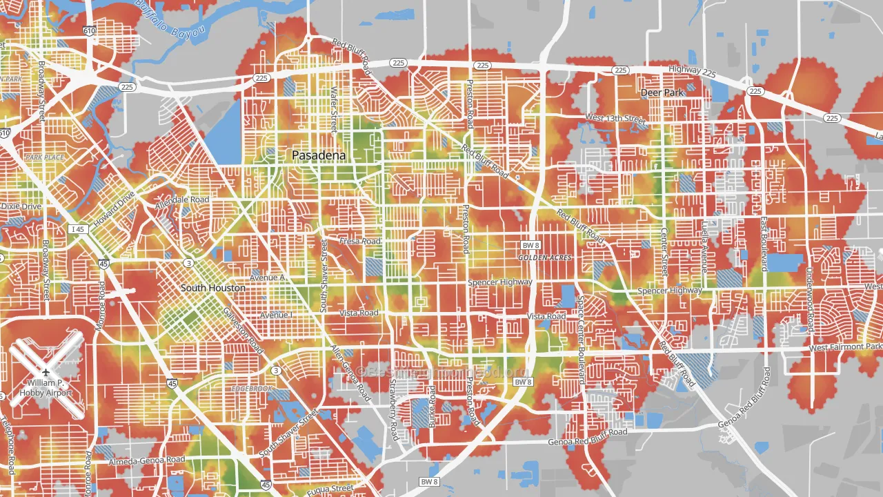Walk Grade map of Pasadena, TX, walkable areas in green and car-dependent areas in red