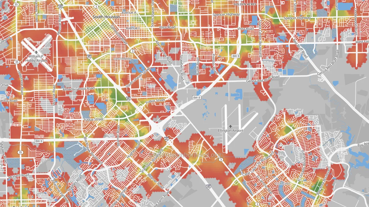 Walk Grade map of Pasadina, Houston, TX, walkable areas in green and car-dependent areas in red