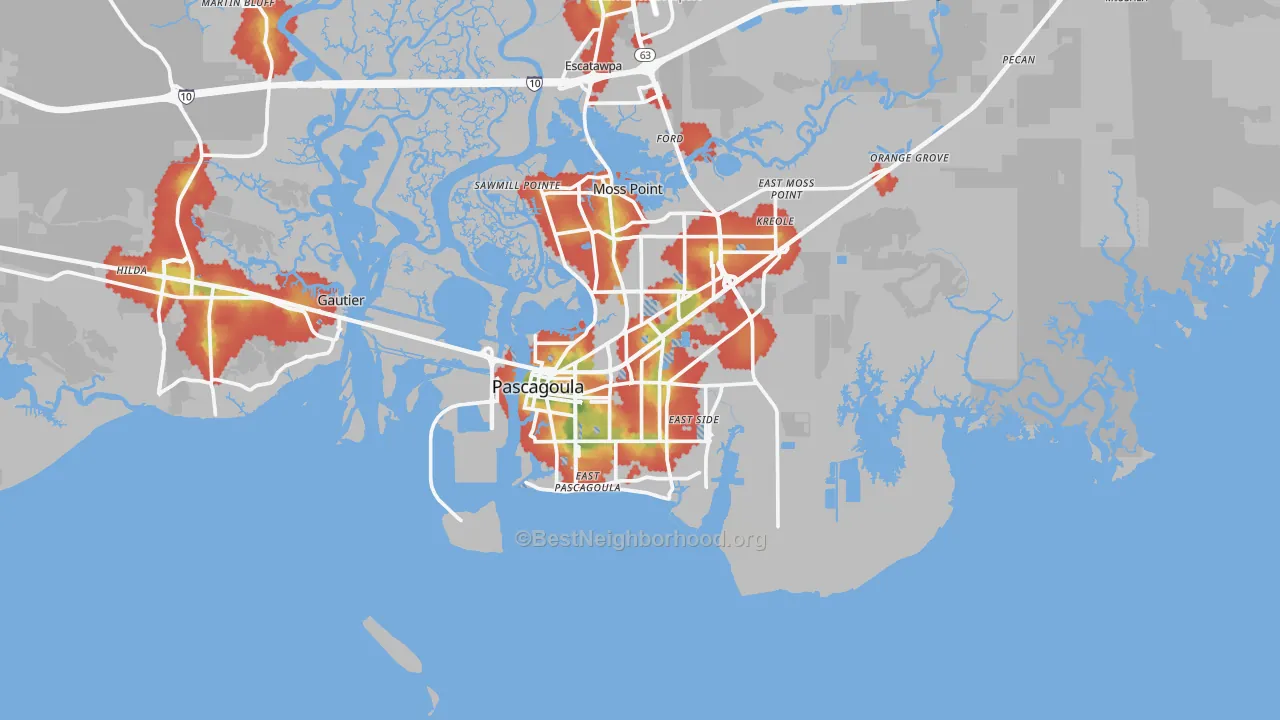 Walk Grade map of Pascagoula, MS, walkable areas in green and car-dependent areas in red