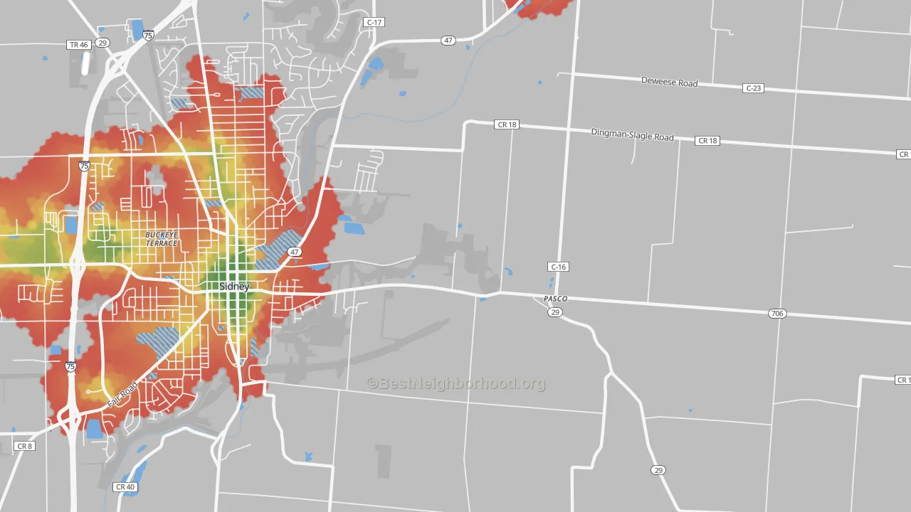 Walk Grade map of Pasco, OH, walkable areas in green and car-dependent areas in red