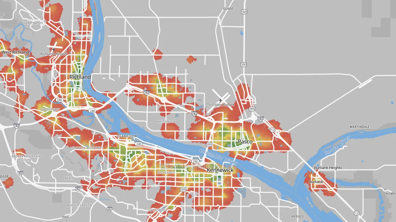 Walk Grade map of Pasco, WA, walkable areas in green and car-dependent areas in red