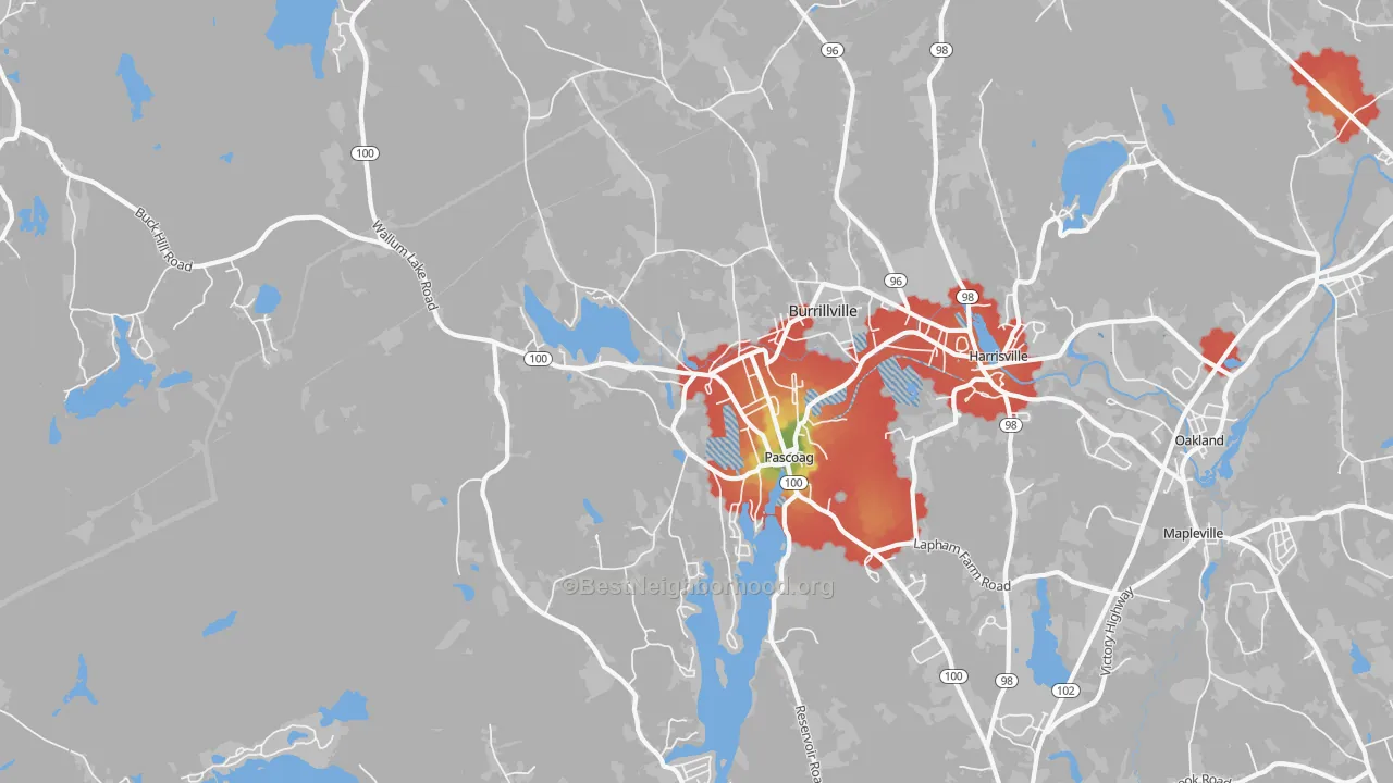 Walk Grade map of Pascoag, RI, walkable areas in green and car-dependent areas in red