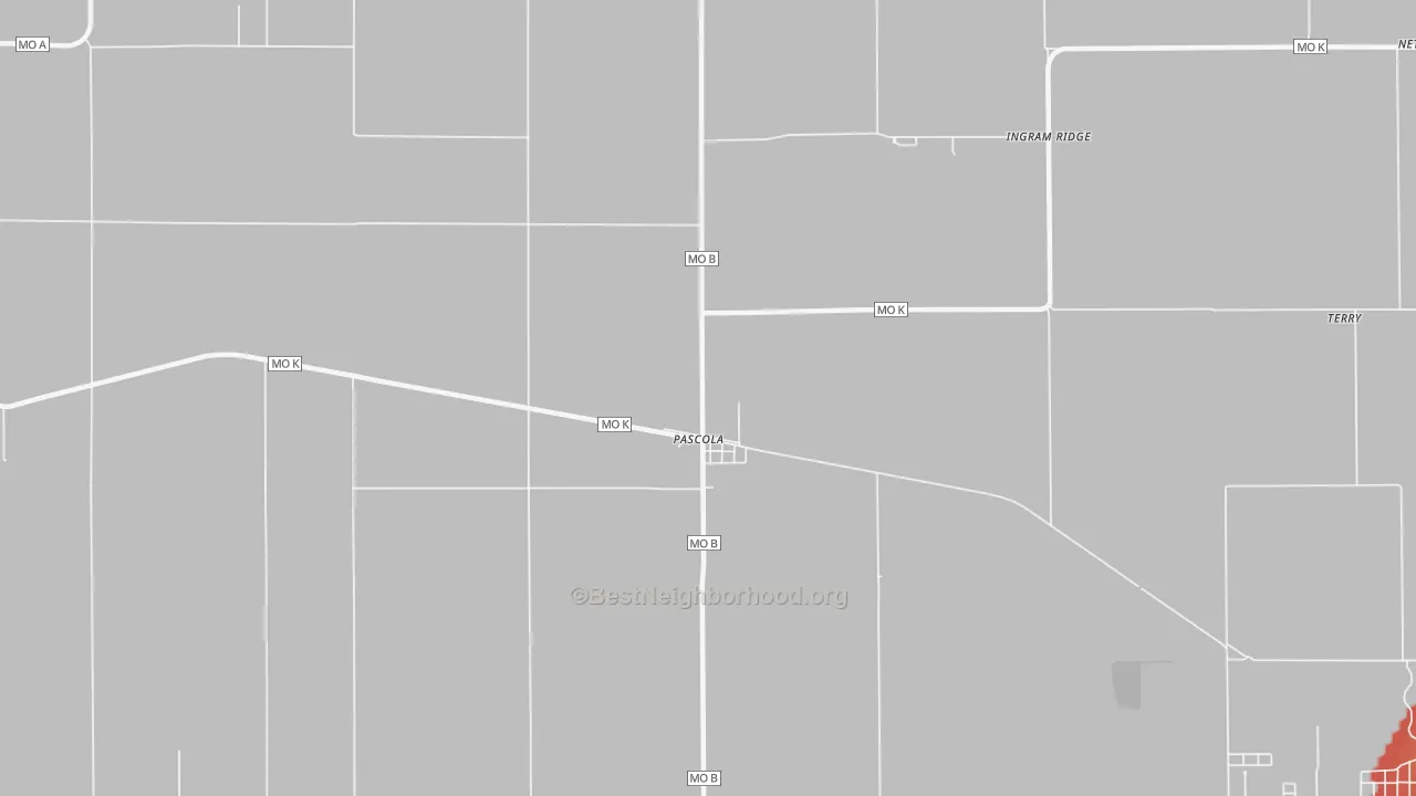 Walk Grade map of Pascola, MO, walkable areas in green and car-dependent areas in red