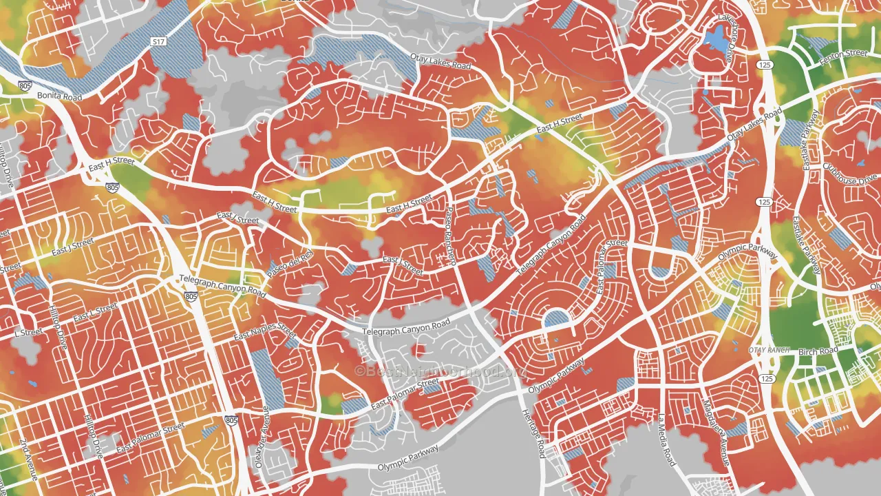 Walk Grade map of Paseo Ranchoero, Chula Vista, CA, walkable areas in green and car-dependent areas in red