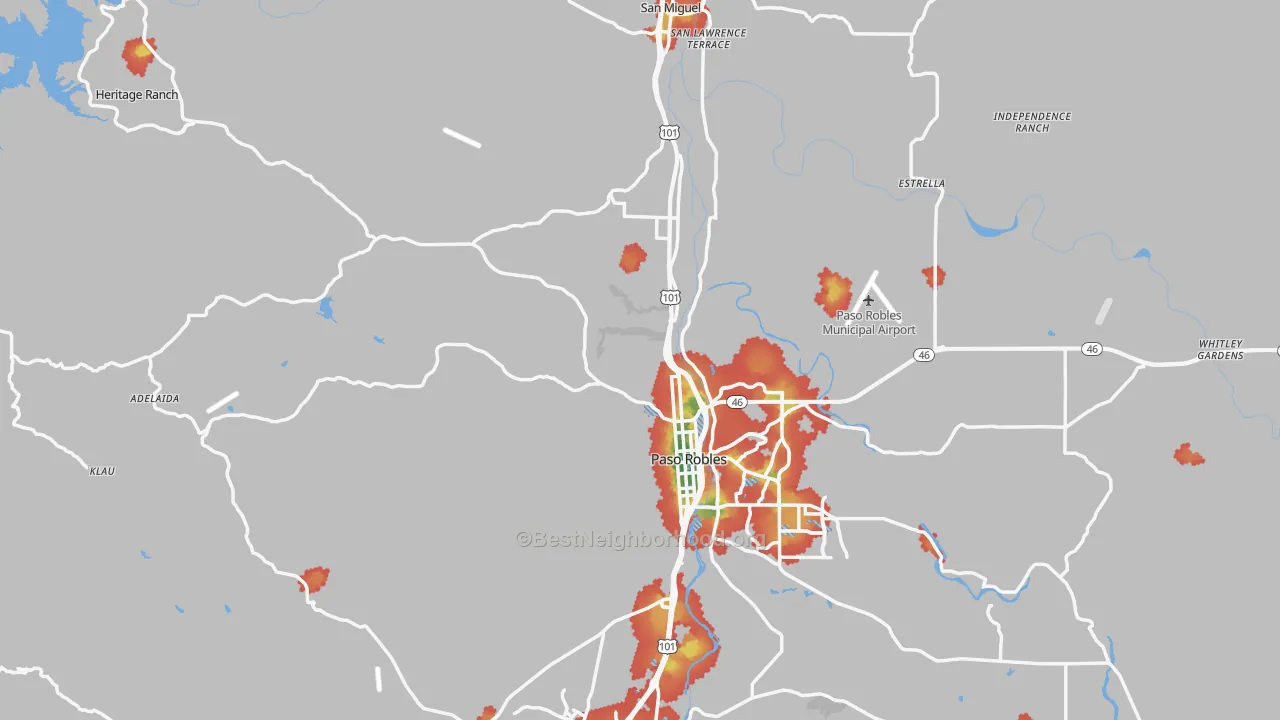 Walk Grade map of Paso Robles, CA, walkable areas in green and car-dependent areas in red