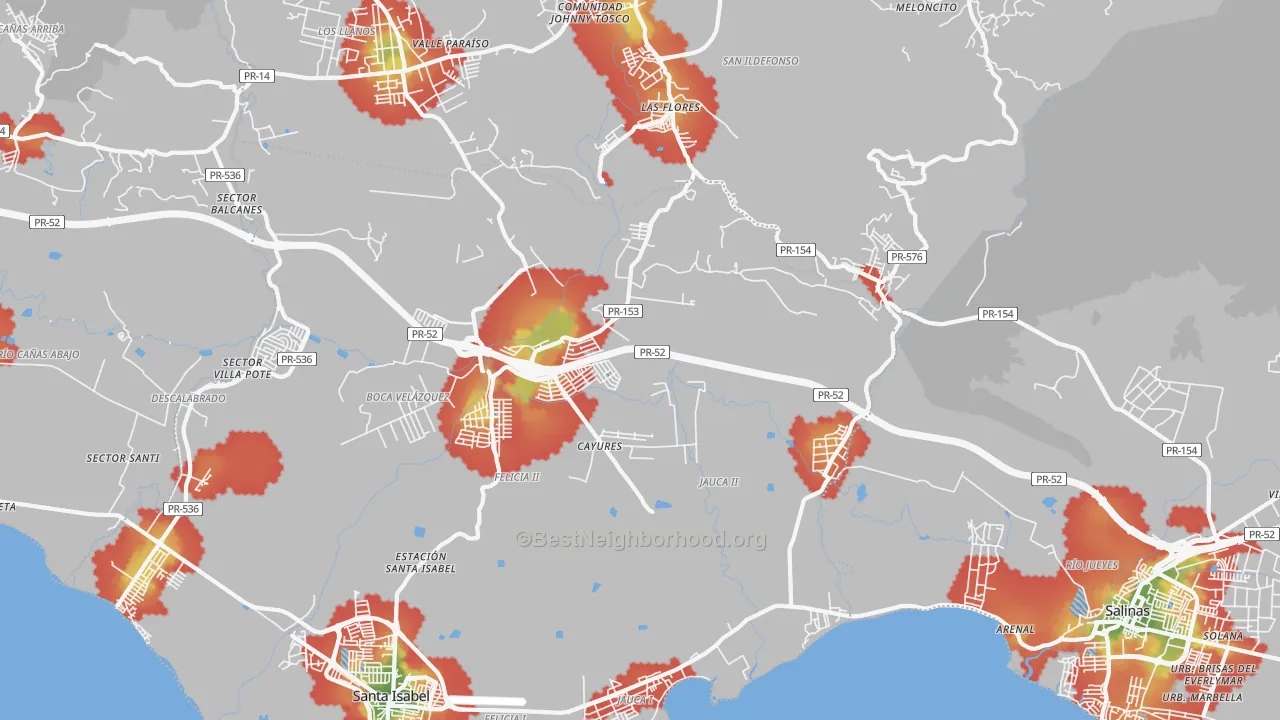 Walk Grade map of Paso Seco, PR, walkable areas in green and car-dependent areas in red