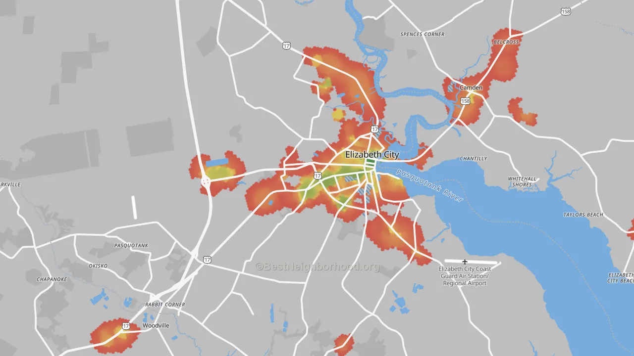 Walk Grade map of Pasquotank County, NC, walkable areas in green and car-dependent areas in red