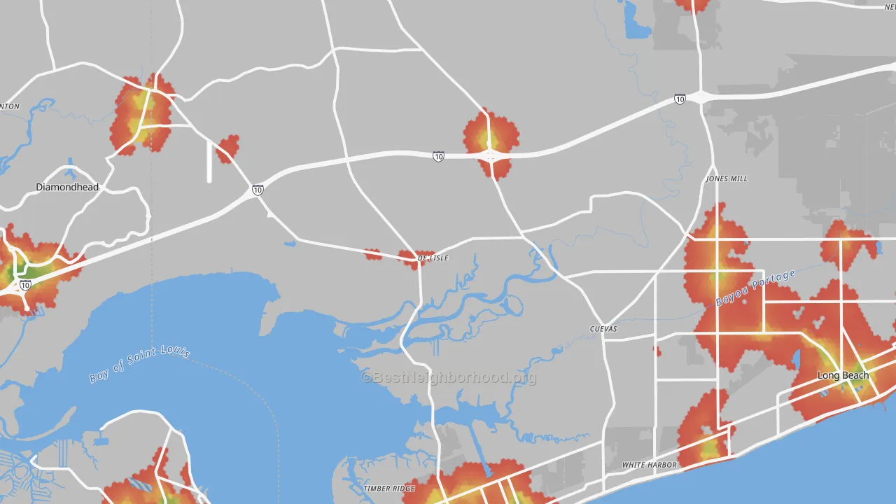 Walk Grade map of Pass Christian, MS, walkable areas in green and car-dependent areas in red