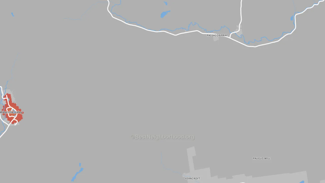 Walk Grade map of Passaconaway, NH, walkable areas in green and car-dependent areas in red