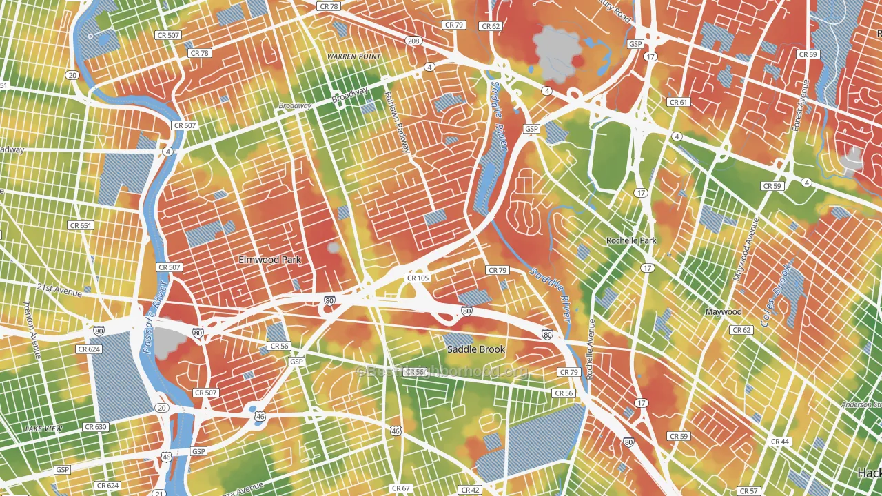 Walk Grade map of Passaic Junction, Saddle Brook, NJ, walkable areas in green and car-dependent areas in red