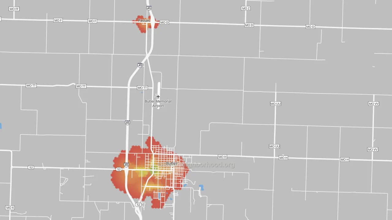 Walk Grade map of Passaic, MO, walkable areas in green and car-dependent areas in red