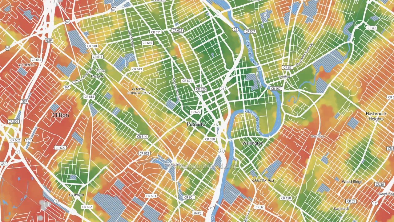 Walk Grade map of Passaic, NJ, walkable areas in green and car-dependent areas in red