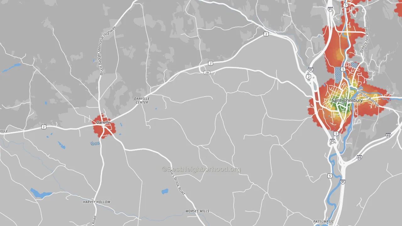 Walk Grade map of Passumpsic, VT, walkable areas in green and car-dependent areas in red