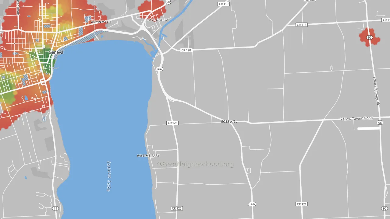 Walk Grade map of Pastime Park, NY, walkable areas in green and car-dependent areas in red