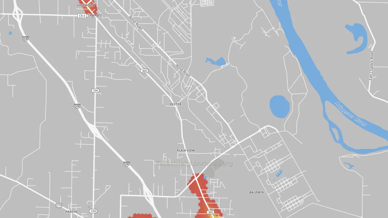 Walk Grade map of Pastoria, AR, walkable areas in green and car-dependent areas in red