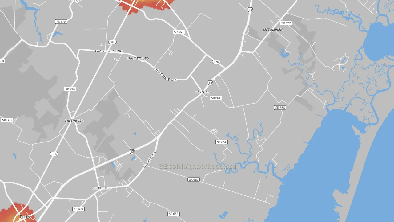 Walk Grade map of Pastoria, VA, walkable areas in green and car-dependent areas in red
