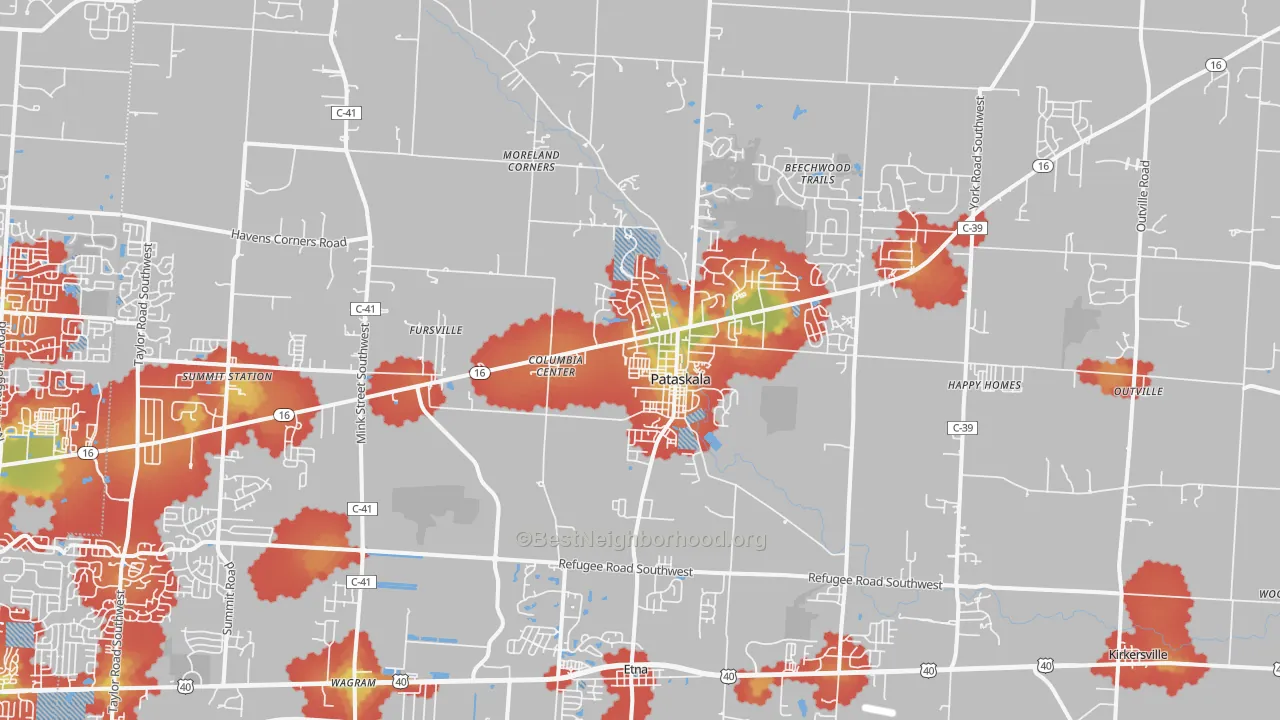 Walk Grade map of Pataskala, OH, walkable areas in green and car-dependent areas in red