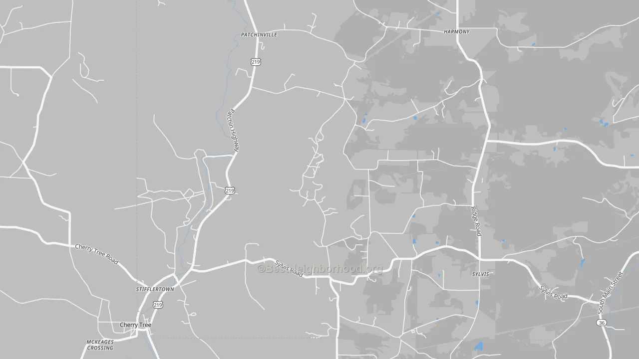 Walk Grade map of Patchinville, PA, walkable areas in green and car-dependent areas in red