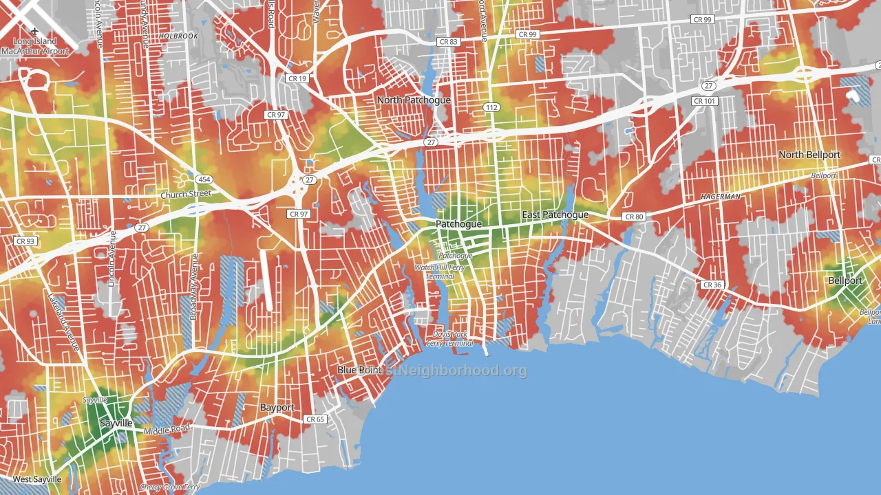 Walk Grade map of Patchogue, NY, walkable areas in green and car-dependent areas in red