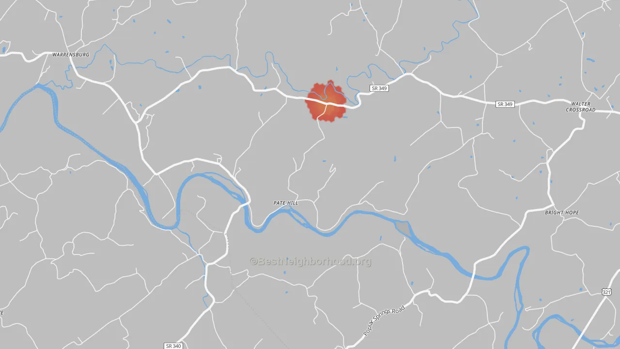 Walk Grade map of Pate Hill, TN, walkable areas in green and car-dependent areas in red