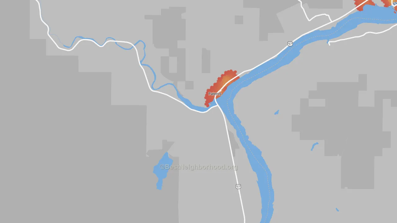 Walk Grade map of Pateros, WA, walkable areas in green and car-dependent areas in red