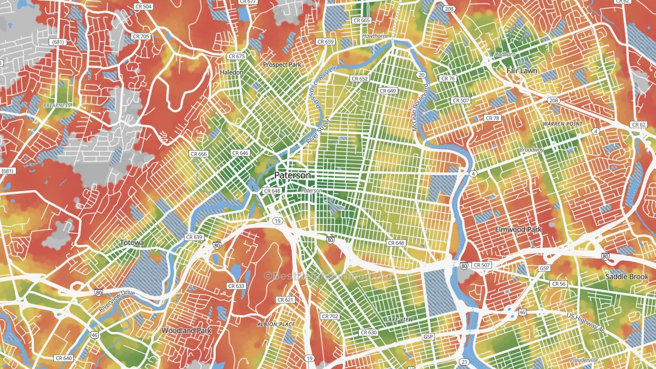 Walk Grade map of Paterson, NJ, walkable areas in green and car-dependent areas in red