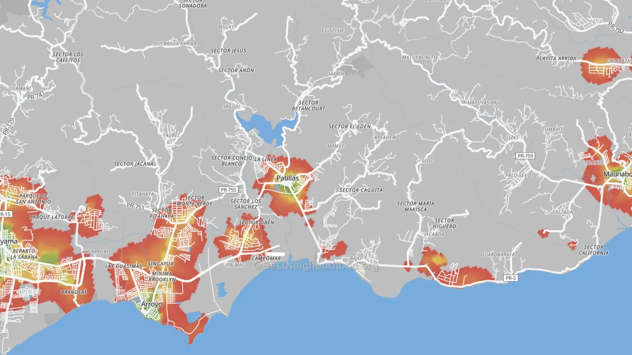 Walk Grade map of Patillas Municipio, PR, walkable areas in green and car-dependent areas in red