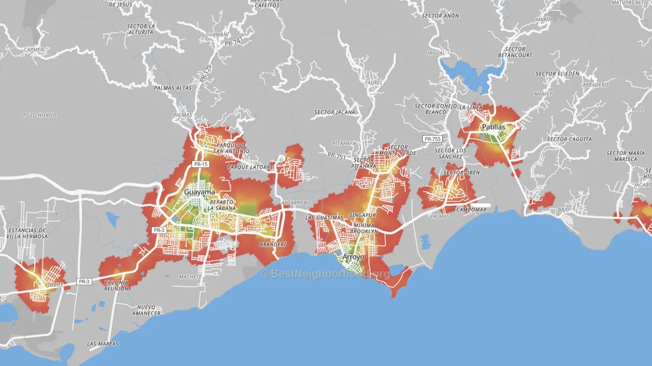 Walk Grade map of Patillas, PR, walkable areas in green and car-dependent areas in red